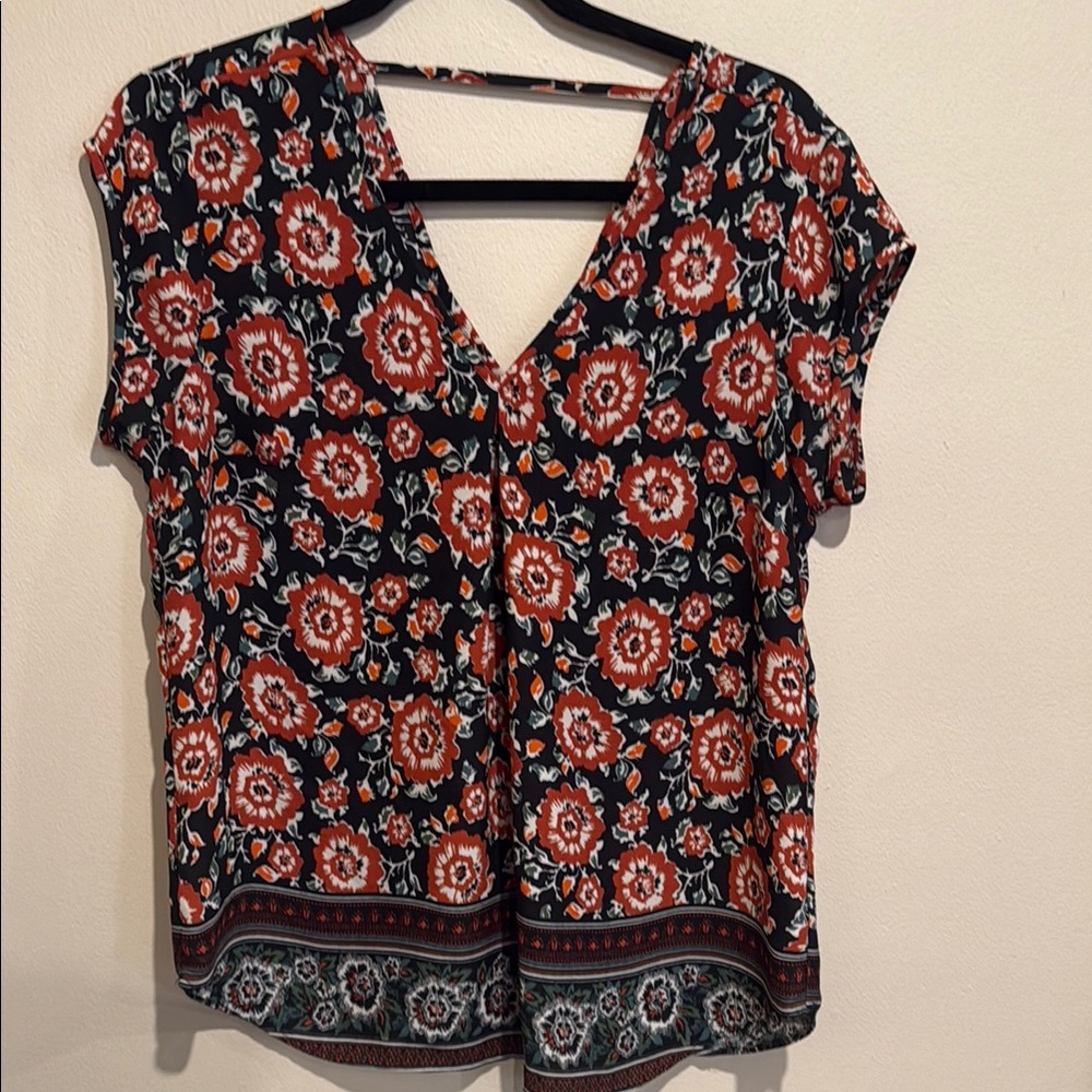 DR2 Black & Orange Flutter Sleeve V-Neck Blouse Versatile Casual Office Chic